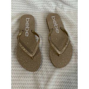 🌹Women's Sandals Size 10 Bebe Tracee Glitter Thong Flip Flops Gold glitter Logo